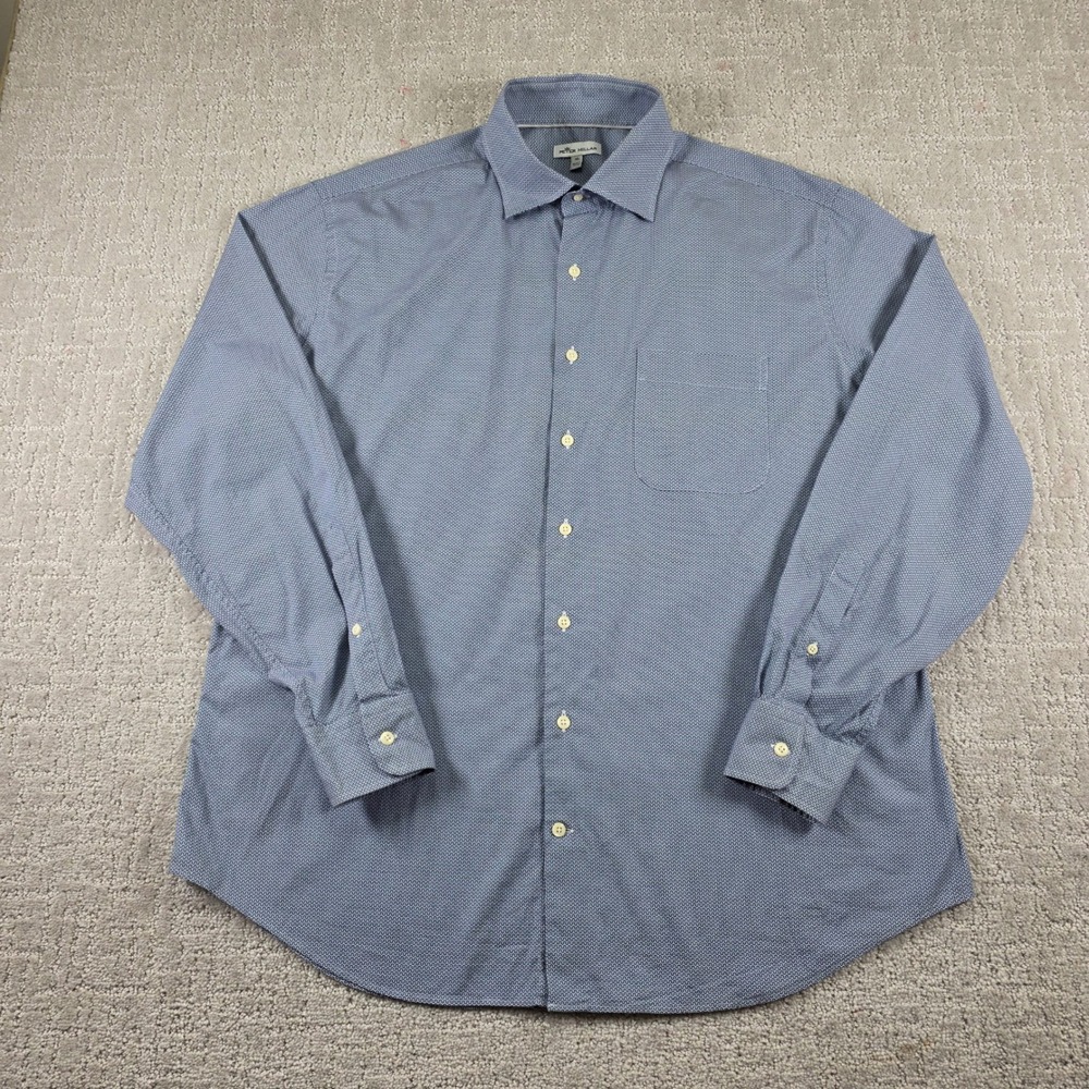 Peter Millar Mens XL Blue White Geometric Chevron Cotton Stretch Button Shirt